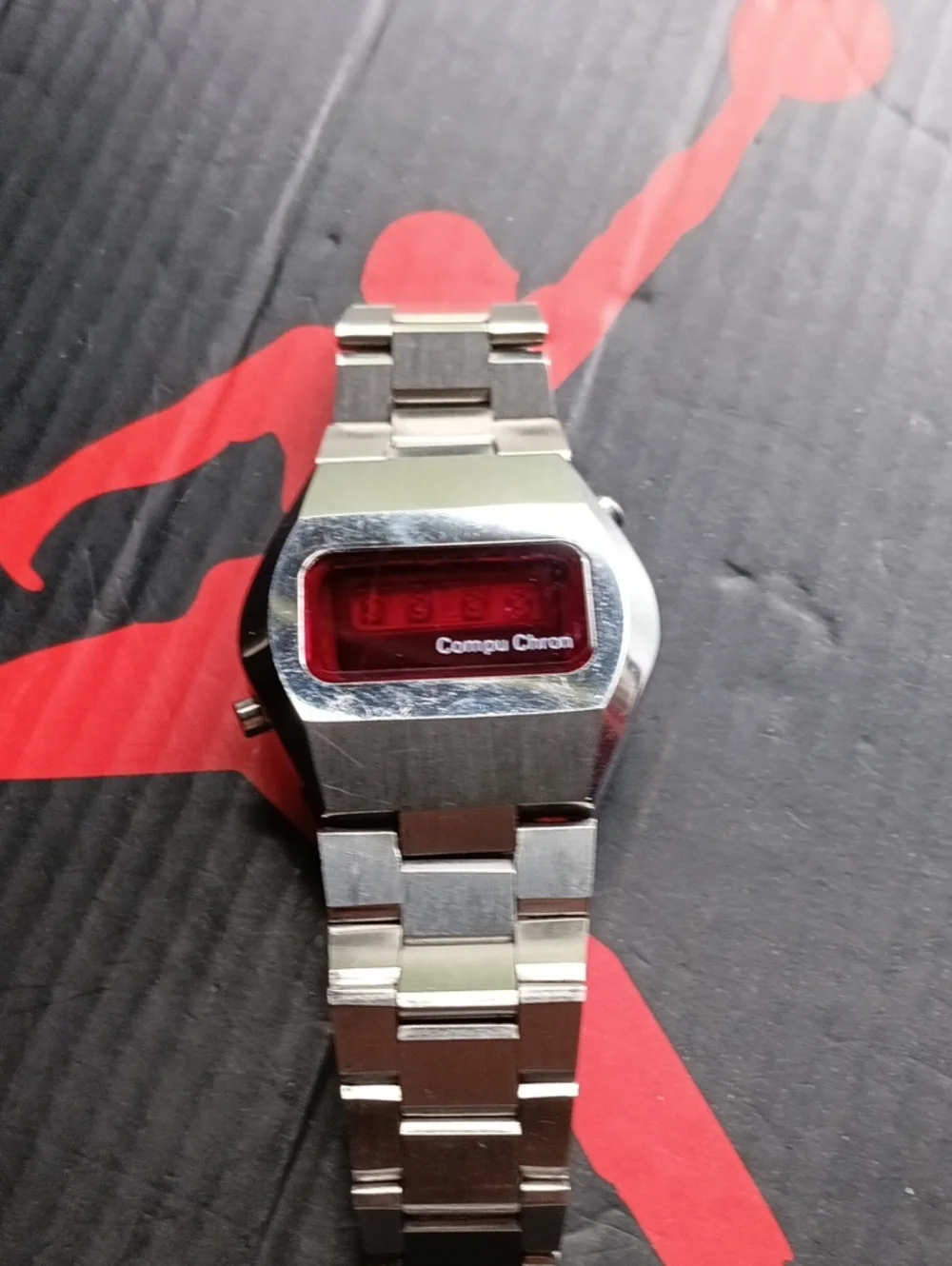 Vintage Compu Chron Stainless Steel LED Digital Watch - Silver with Red Display